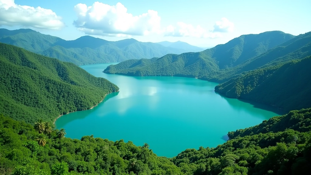Vista aérea del hermoso Lago Caonillas rodeado de montañas verdes y vegetación tropical