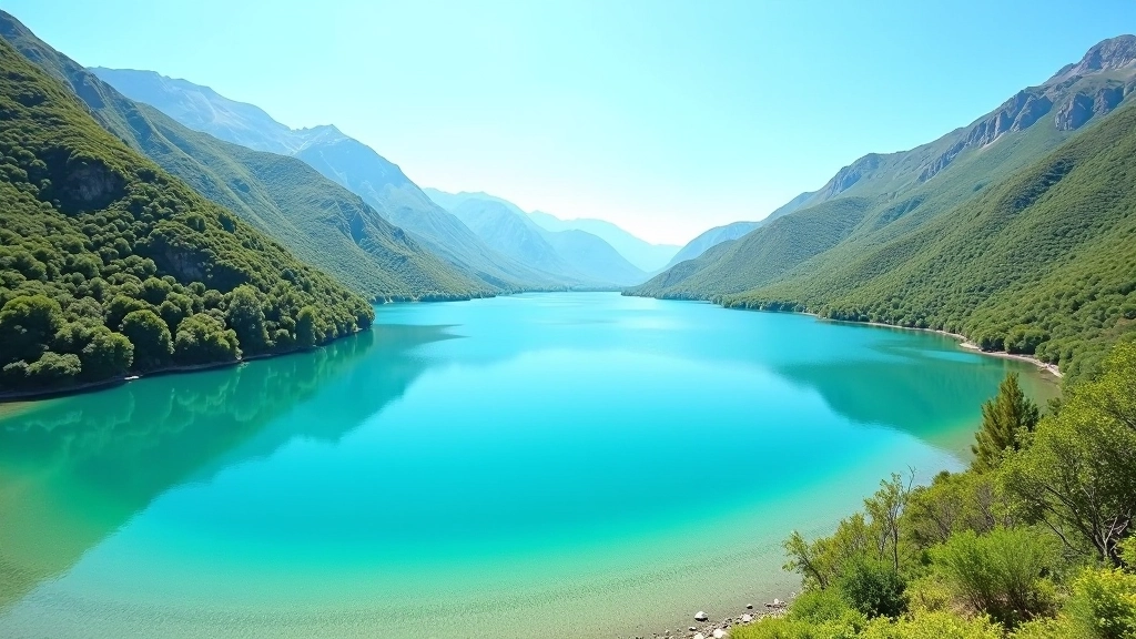 Lago de montaña con aguas azules rodeado de vegetación exuberante y cielo despejado