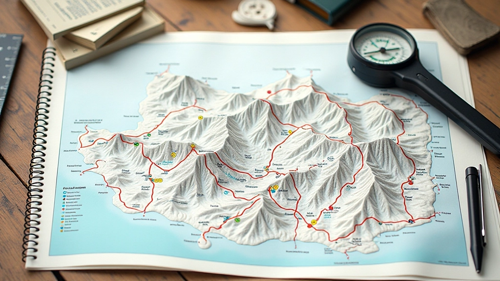 Mapa topográfico de senderos en la Cordillera Central con marcas de dificultad y elevación, colores que indican rutas fáciles, moderadas y desafiantes