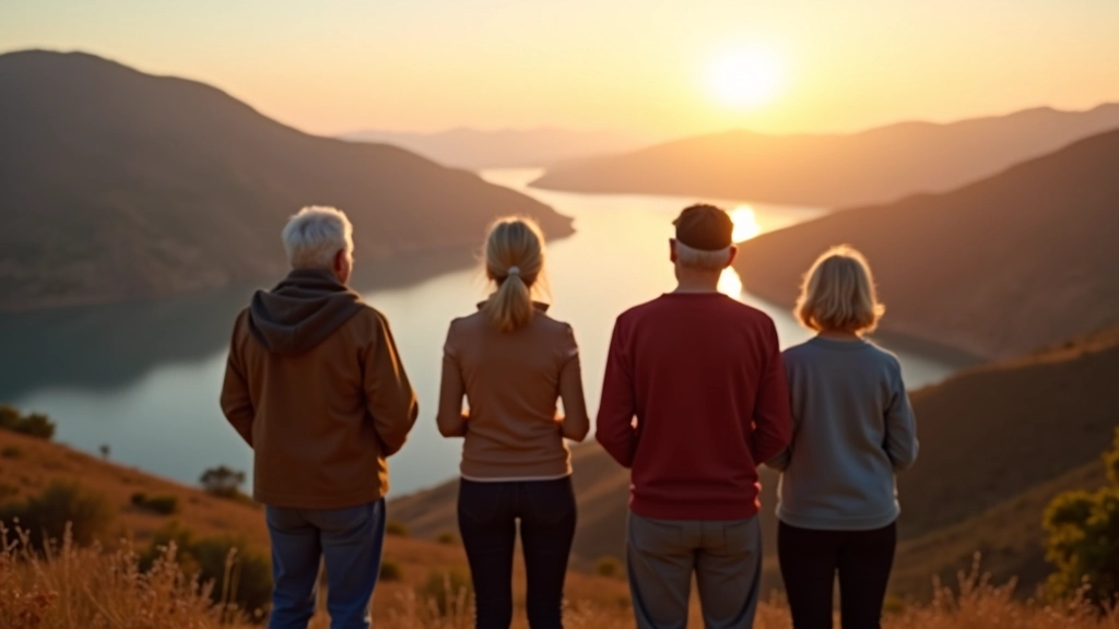 Grupo de personas disfrutando de la vista panorámica desde un mirador, con el embalse de fondo en hora de atardecer