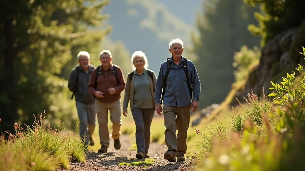 Grupo de personas adultas mayores caminando en un sendero sombreado de montaña, sonriendo y disfrutando de la naturaleza