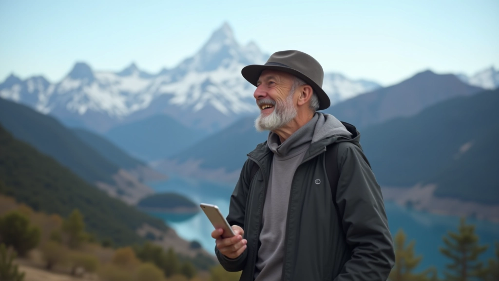 Persona mayor en un mirador tomando fotografía con un smartphone, sonriente, con montañas al fondo