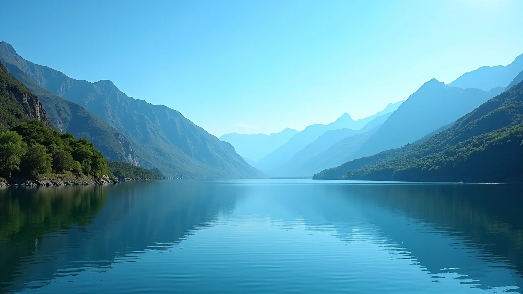 Lago Caonillas con cielo azul claro y reflejos del agua en día soleado