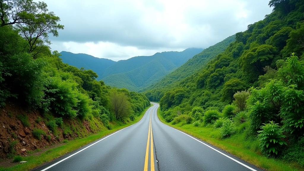 Carretera montañosa que conduce al Lago Caonillas con vegetación tropical a los lados