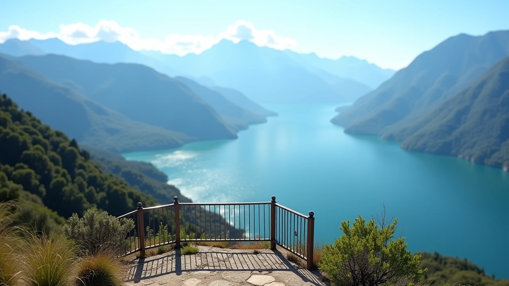 Mirador elevado en la montaña con vista al lago, baranda de seguridad, cielo azul claro