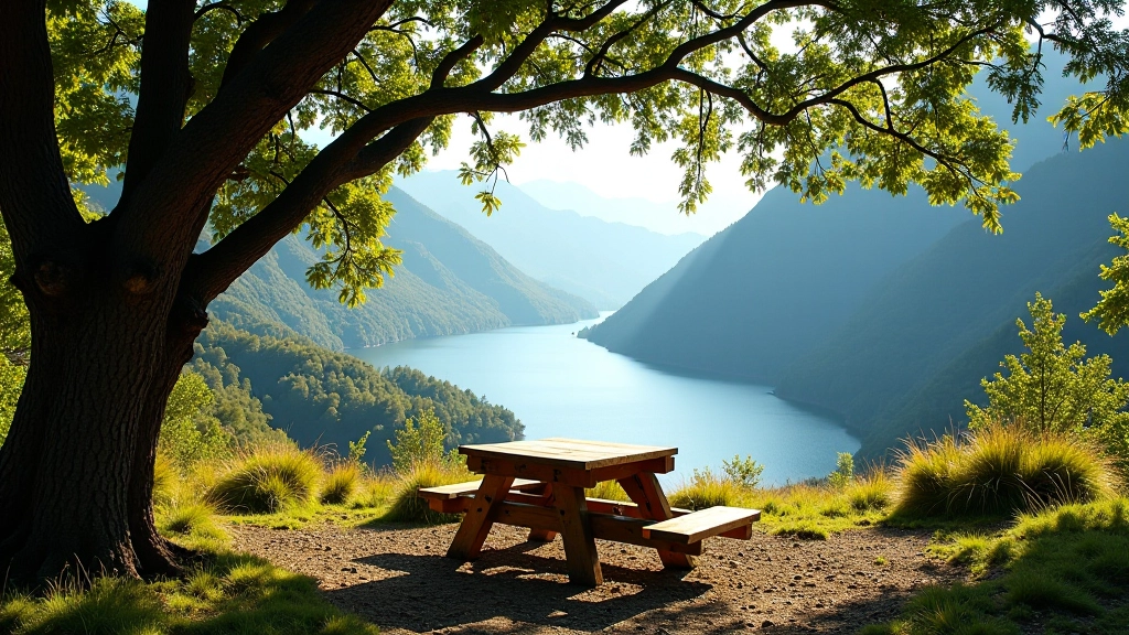 Área de picnic natural en la montaña con árboles, mesa rústica y vista del lago al fondo
