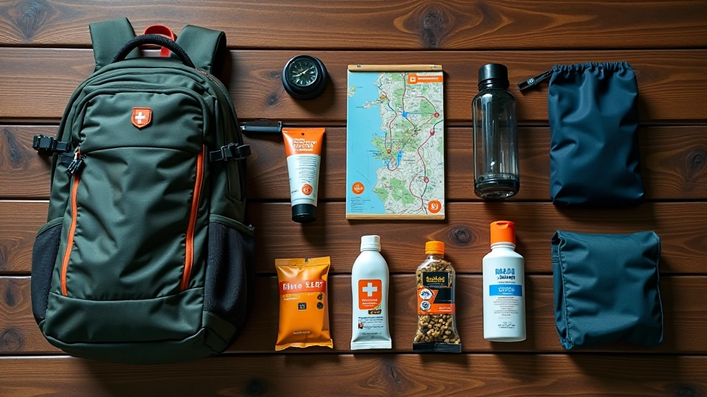Mochila de senderismo abierta mostrando equipo organizado: agua, snacks, botiquín, brújula, mapa y otros artículos sobre fondo de madera