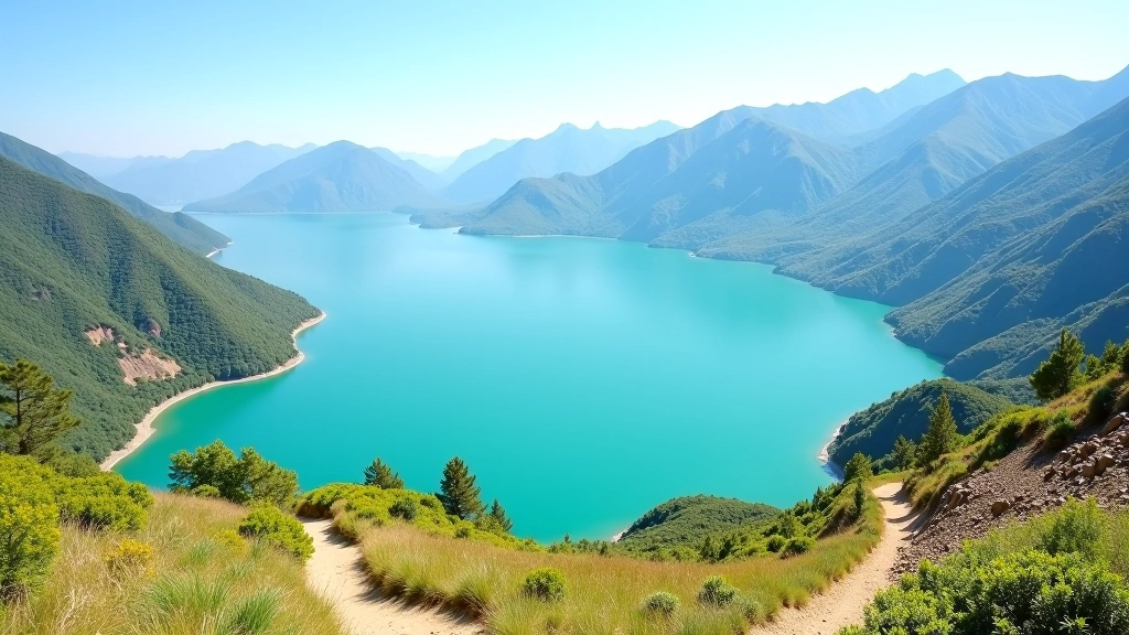 Vista panorámica del Lago Caonillas con montañas al fondo y sendero de acceso
