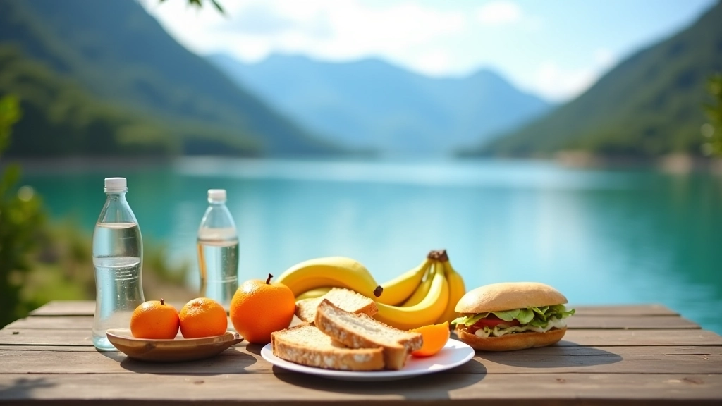 Mesa de picnic junto al embalse con frutas frescas, sándwiches, bebidas y vistas al agua tranquila
