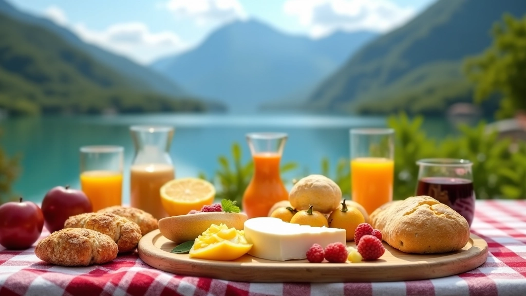 Picnic con frutas frescas, bocadillos, bebidas y mantel en área natural junto al agua