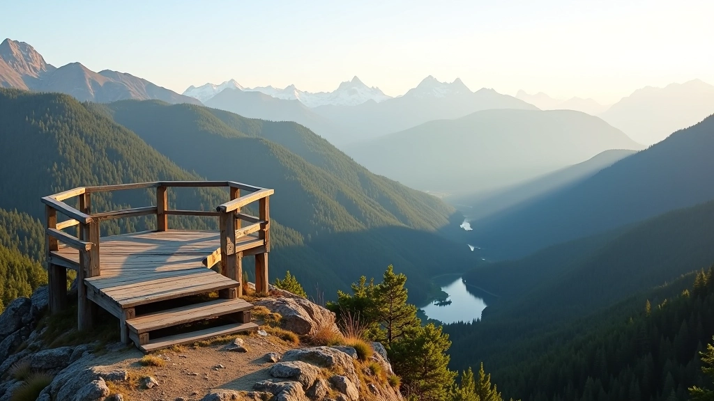 Mirador natural en la cumbre con estructura rústica de madera y vista panorámica de montañas