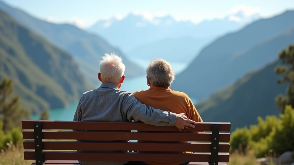 Pareja de jubilados disfrutando de la vista desde un mirador con montañas al fondo