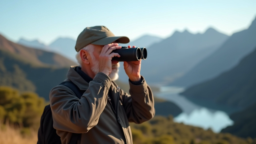 Persona mayor disfrutando del paisaje montañoso en la Cordillera Central con binoculares