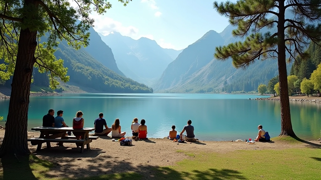Grupo de visitantes disfrutando de actividades al aire libre en el Lago Caonillas