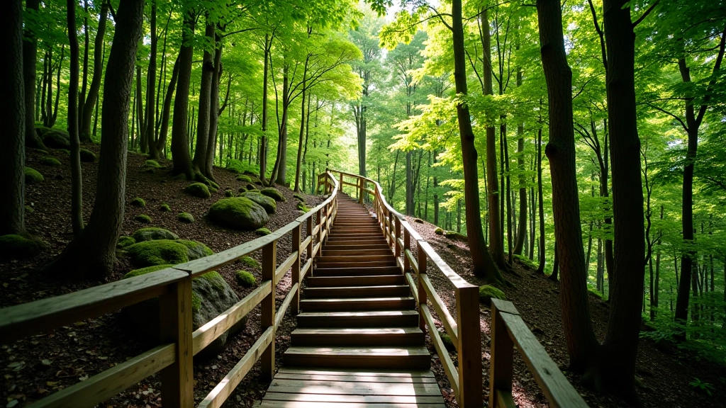 Sendero forestal bien mantenido con escalones de madera naturales, barandillas de seguridad, señalización clara, rodeado de árboles verdes, luz natural difusa